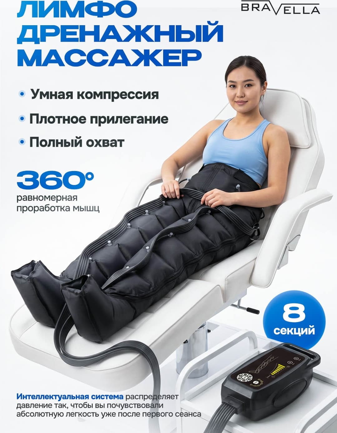 Массажёр для ног Bravella от отёков и усталости, лимфодренаж, 8 камер — фото 1